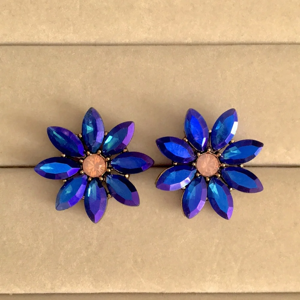 Violet Blue Aurora Borealis + Pink Opal Crystal Flower Statement Earrings